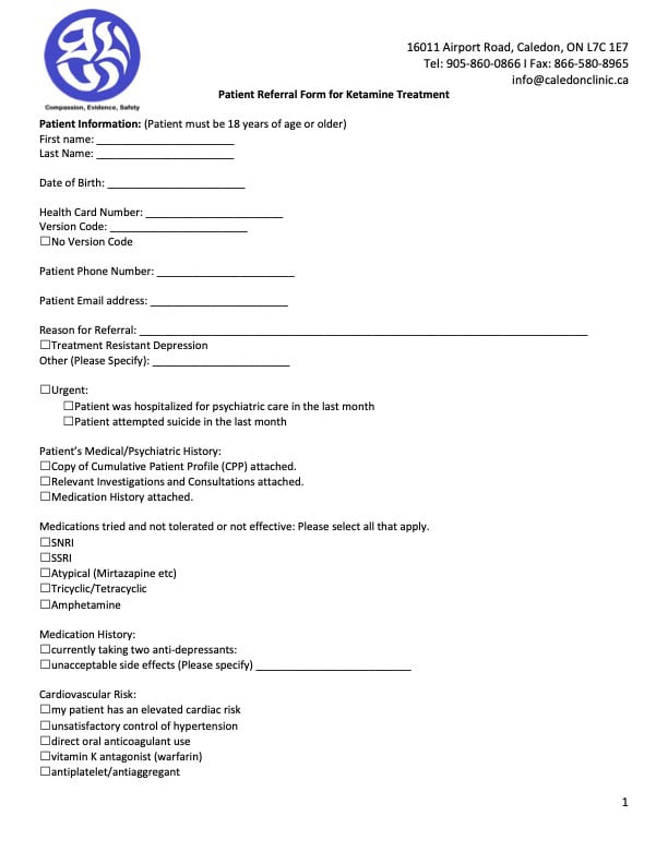 Ketamine treatment form referral